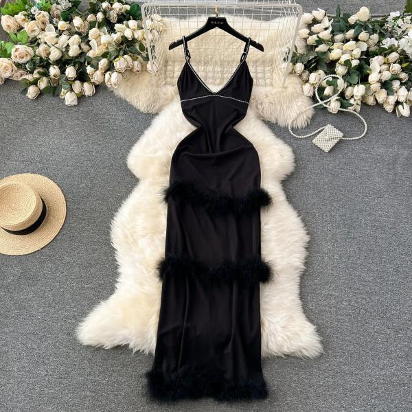 Elegant Black Satin Feather Trim Evening Gown Dress