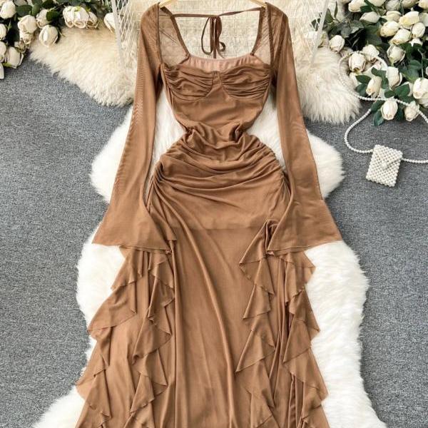 Elegant Long Sleeve Ruched Evening Gown with Train