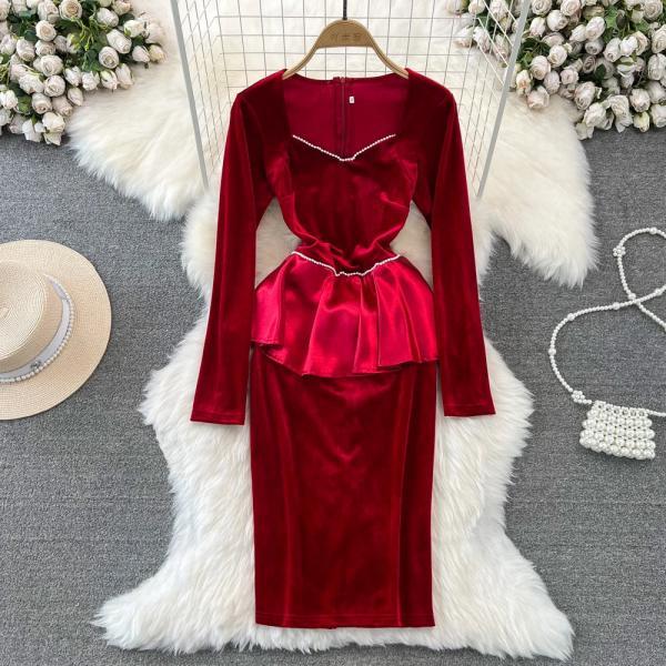 Elegant Long Sleeve Velvet Peplum Dress Formal Wear