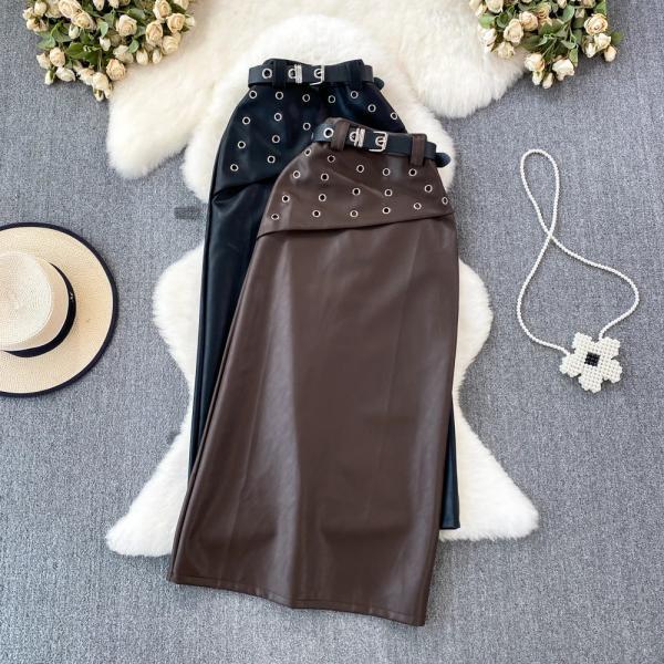 Womens Faux Leather High-Waist Pencil Skirt with Buckles