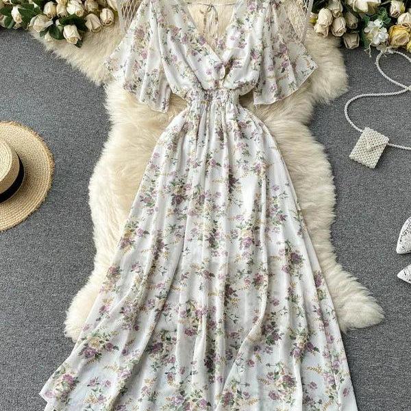 Puff-Sleeve Off-Shoulder Floral Print Ruffle Trim Slit Maxi A-Line Dress main image 0