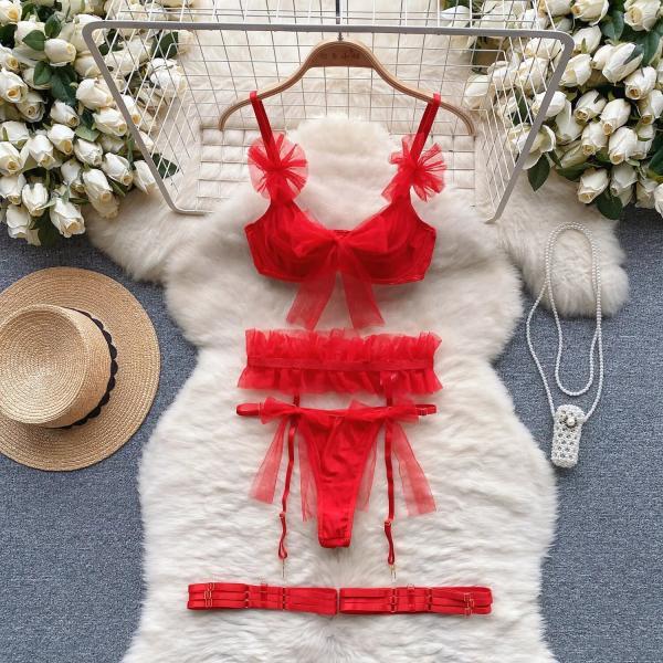 Womens Red Sheer Lace Lingerie Set with Garters