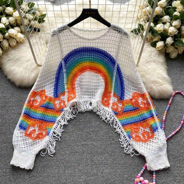Womens Handmade Crochet Rainbow Fringed Poncho Sweater