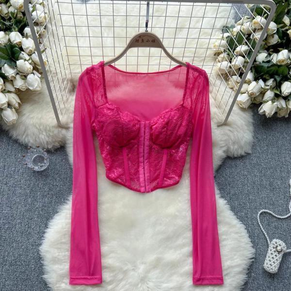 Long Sleeve Sheer Lace Corset Top in Pink