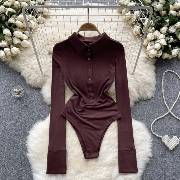 Elegant Burgundy Bodysuit with Collar and Buttons