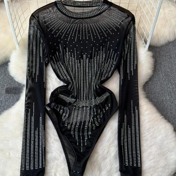 Black Rhinestone Studded Mesh Bodysuit for Women
