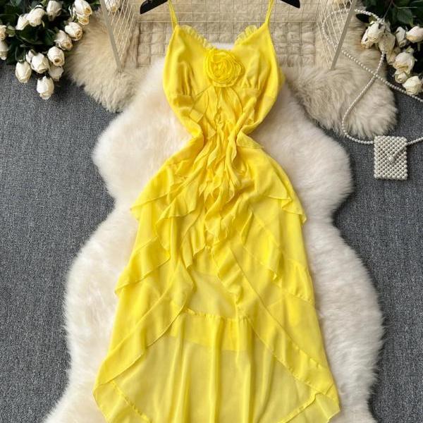Elegant Yellow Ruffle Cocktail Dress with Rose Detail