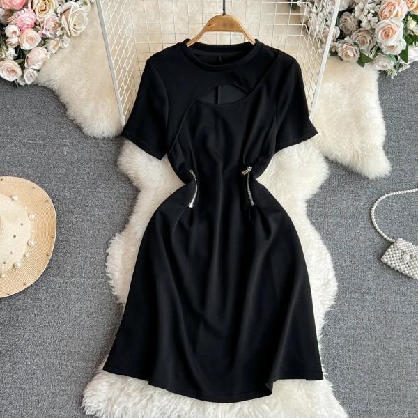 Elegant Black Short Sleeve Cut-Out Zipper Dress
