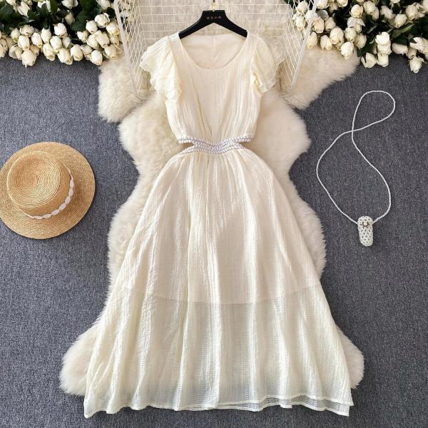 Elegant White Pleated Midi Dress with Beaded Waistband