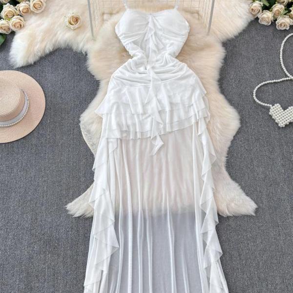 Elegant Ruffled White Midi Dress with Spaghetti Straps