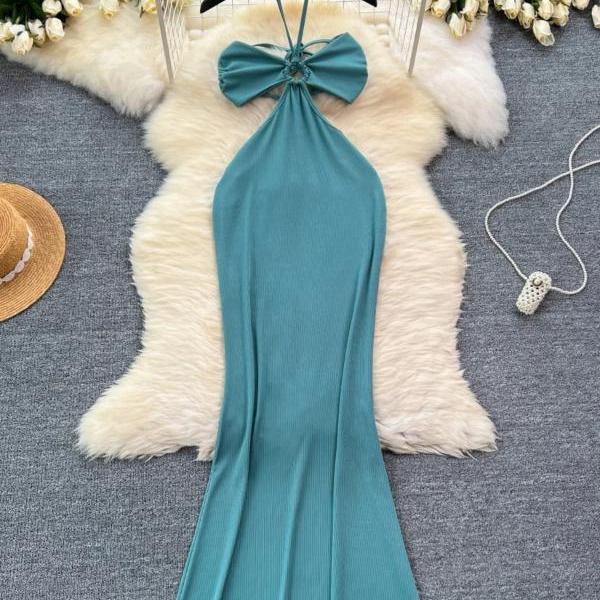 Elegant Teal Halter Neck Dress with Bow Detail