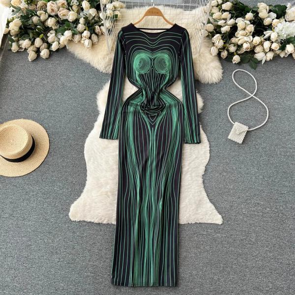 Elegant Long Sleeve Optical Illusion Bodycon Maxi Dress