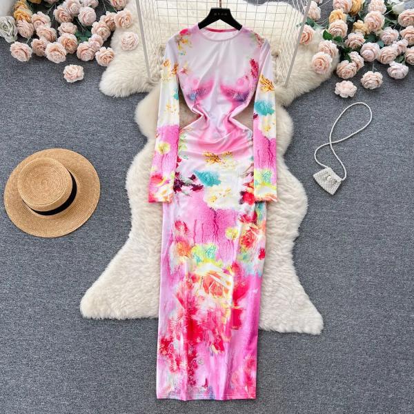 Elegant Floral Print Maxi Dress with Long Sleeves