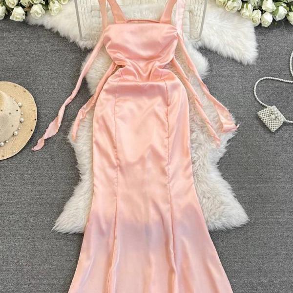 Elegant Satin Pink Midi Dress with Bow Detail