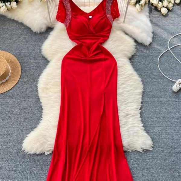 Elegant Red Sequined Cap Sleeve Evening Gown