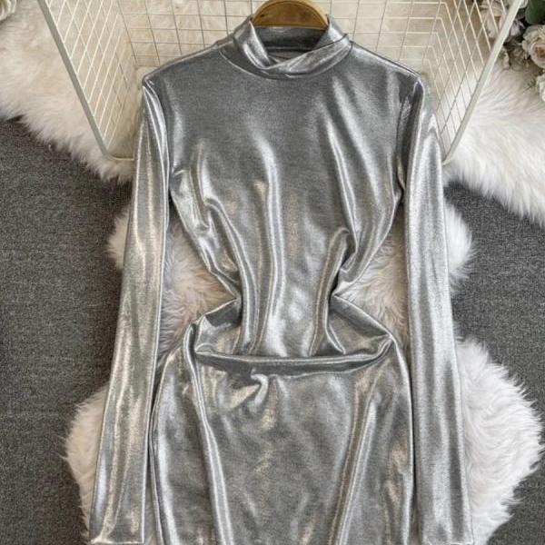 Womens Metallic Silver Turtleneck Long Sleeve Mini Dress