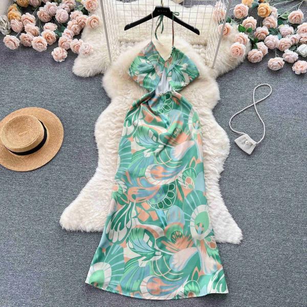 Womens Tropical Print Halter Neck Summer Dress