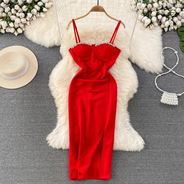 Elegant Red Satin Cocktail Dress with Pearl Detail
