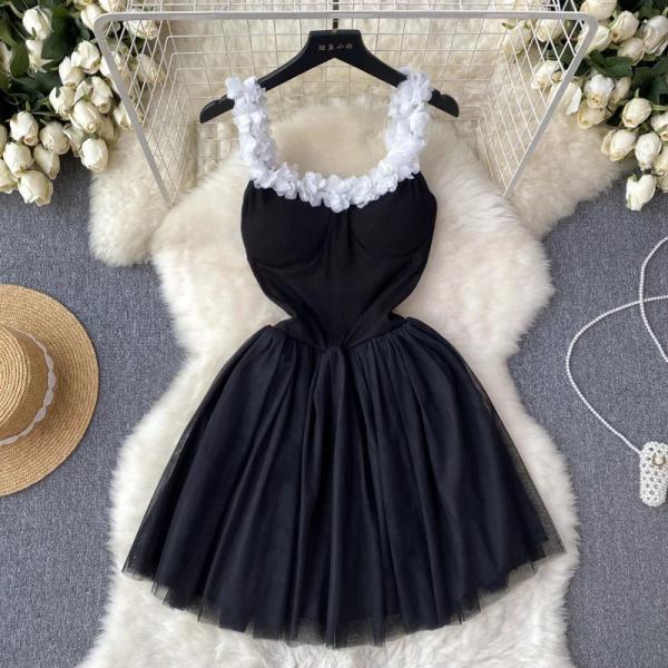 Elegant Black Cocktail Dress with White Floral Neckline