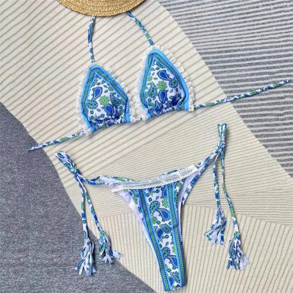 Womens Paisley Print Tassel Tie Bikini Swimwear Set