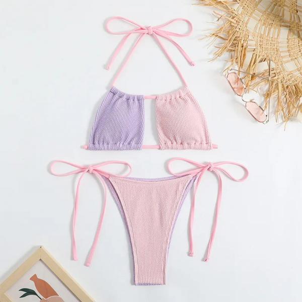 Womens Ribbed Knit Tie-Front Bikini Set in Pastel Colors