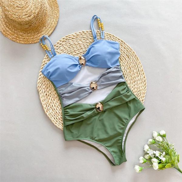Color Block One-Piece Swimsuit with Gold-Tone Accents