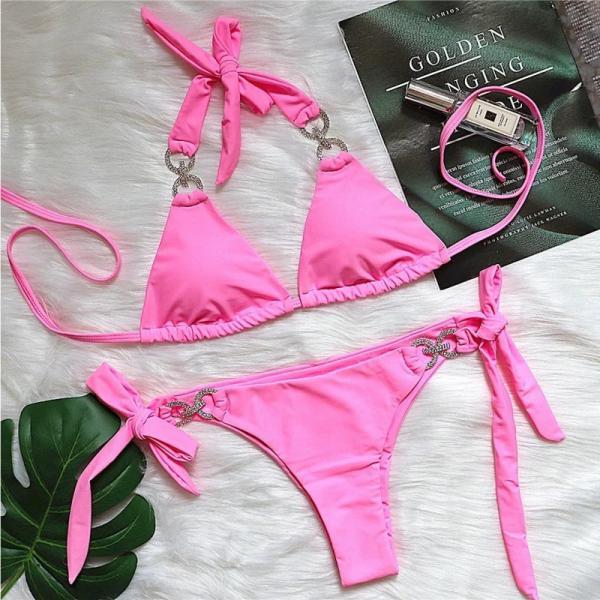 Womens Pink Halter Neck Bikini Set with Metal Accents