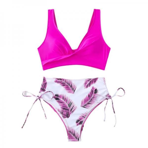 Vibrant Pink V-Neck Bikini Set with Palm Print Bottoms