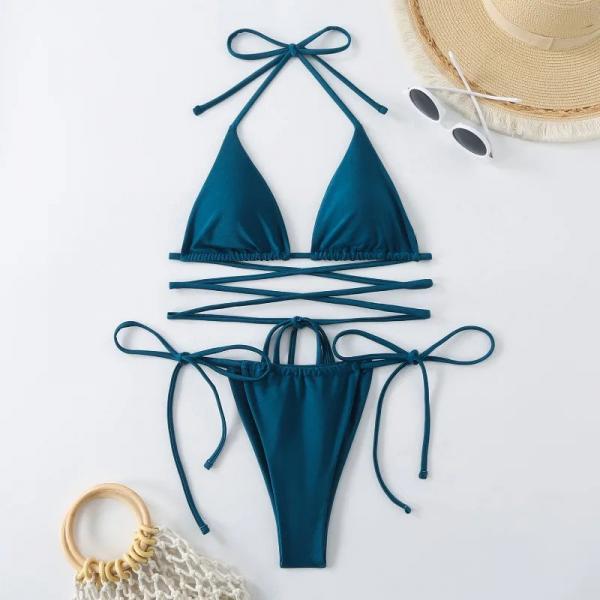 Womens Teal Strappy Bikini Set with Tie Closures