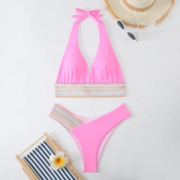 Womens Pink Halter Neck Bikini Set with Embellishments