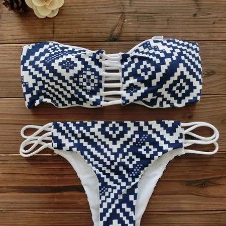 Womens Geometric Print Bandeau Bikini Set Lace-Up Swimwear