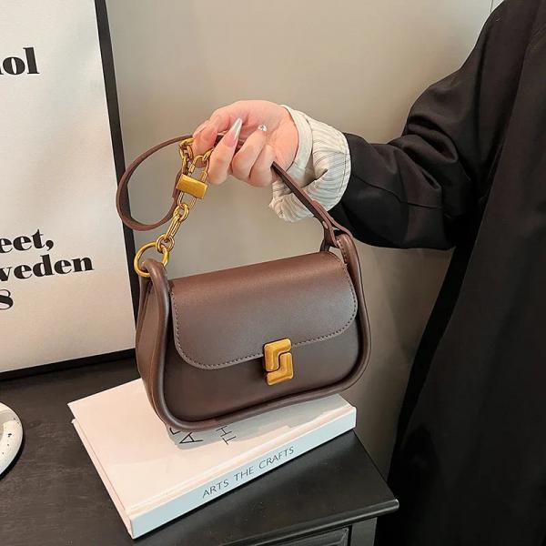 Classic Brown Leather Shoulder Bag with Gold Accents
