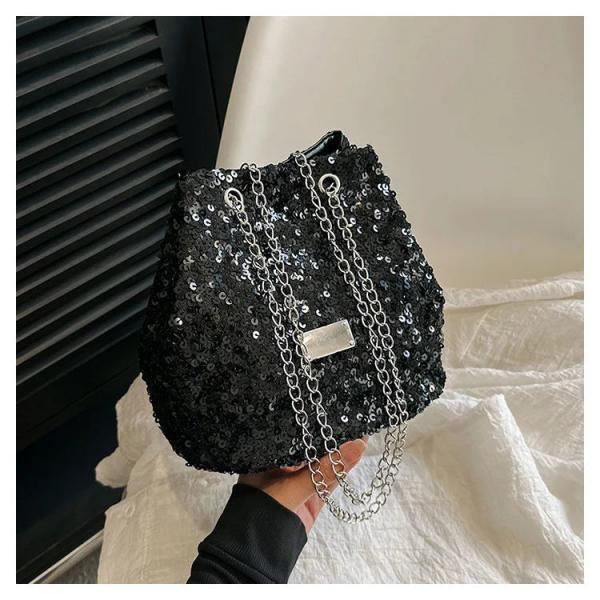 Elegant Sequined Black Bucket Bag with Silver Chain Strap