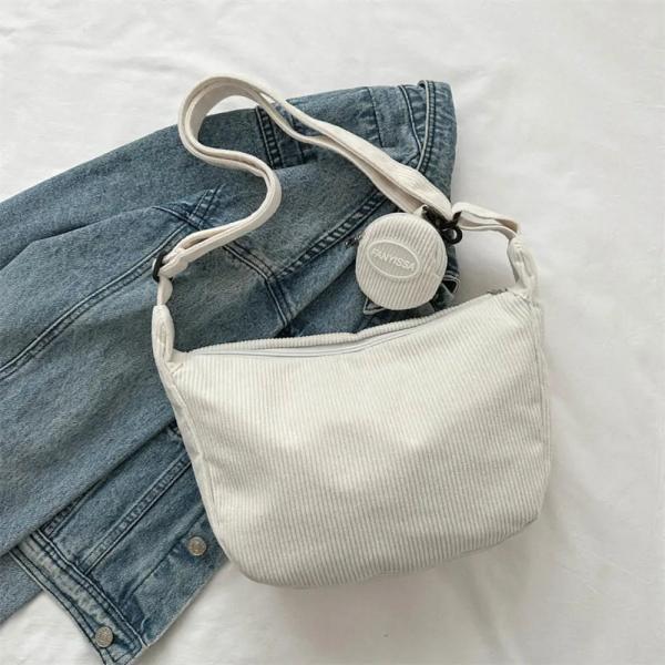 Casual White Corduroy Shoulder Bag with Adjustable Strap