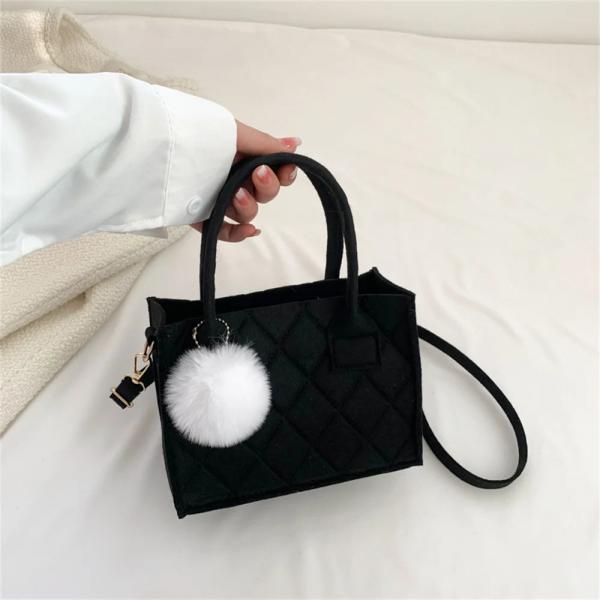 Elegant Quilted Tote Bag with Fluffy Pom-Pom Charm