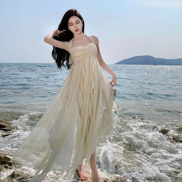 Elegant Beige Beachfront Flowy Summer Maxi Dress