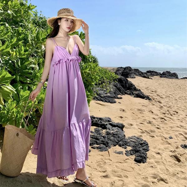 purple beach maxi dress Slaydiva Floral Print Spaghetti Strap Dress, Suitable For Beach Vacation  Women's Maxi Black And Purple Flower Long Dress,Summer