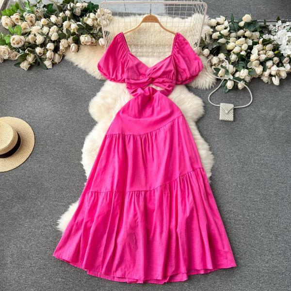 pink puff sleeve cut out dress S Fuchsia Pink Puff Sleeve Cutout Cotton Maxi Dress for Tropical Vacations