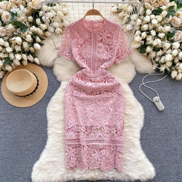 Elegant Pink Floral Lace Midi Dress on Luulla