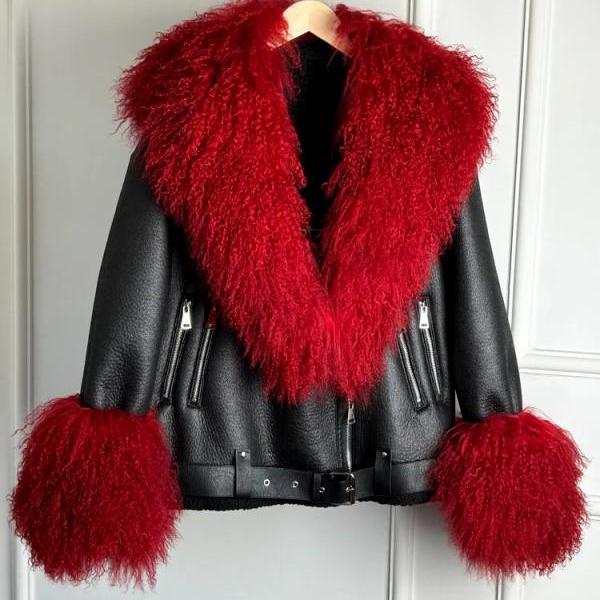 Red leather jacket fur collar hotsell