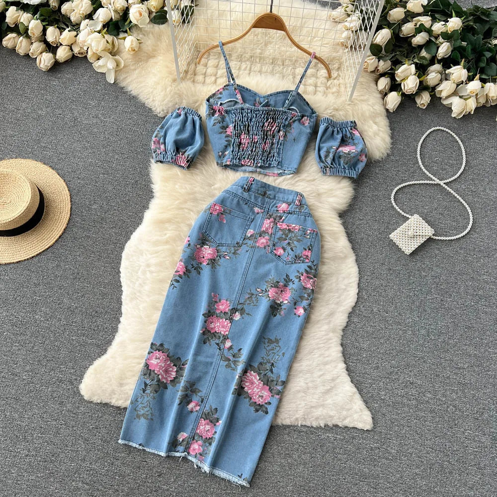 Two-Piece Set with Cropped Denim Jacket and Flared Trousers - Blue