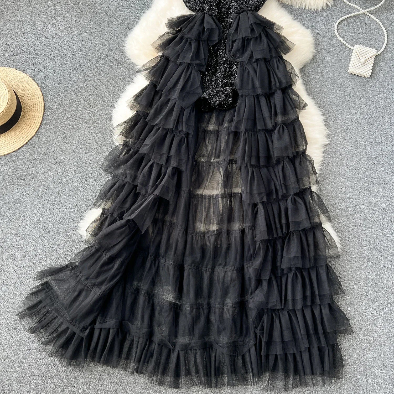 16412 Black Tiered Tulle Dress