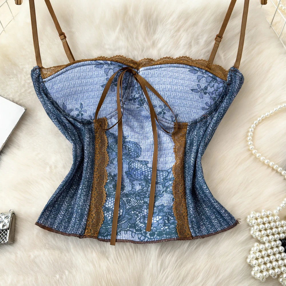 Denim Corset Top with French Lace Trim