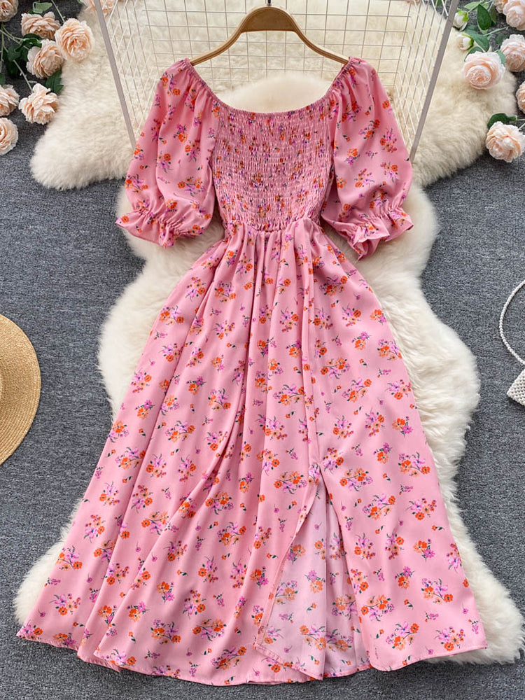 A-line Pearl Square Neck Long Sleeve Slit Dress Moss main image 1