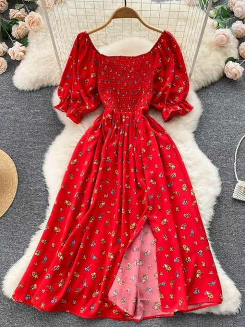 A-line Pearl Square Neck Long Sleeve Slit Dress Fuchsia