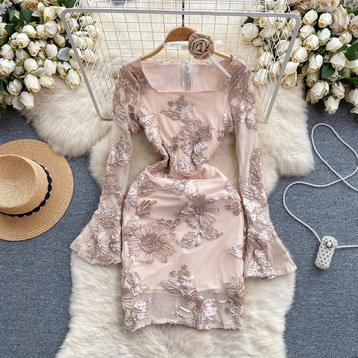 PHY-A0430 PINK FLORAL LACE DRESS main image 0
