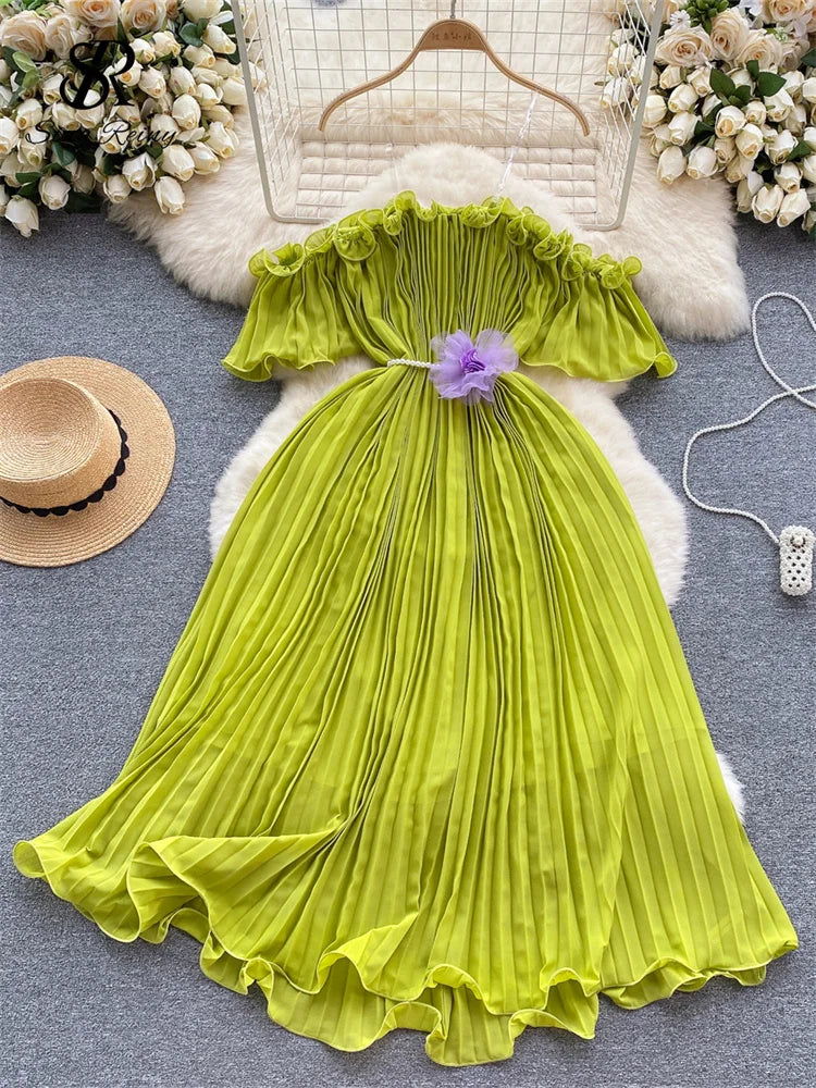 Elegant Pleated Chiffon Maxi Dress With Floral Accent on Luulla