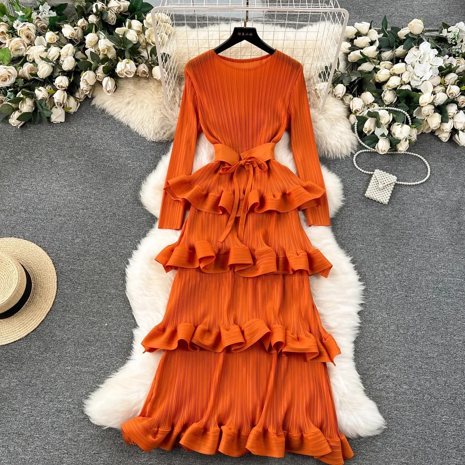 Elegant Tiered Ruffle Long-sleeve Maxi Dress In Orange on Luulla