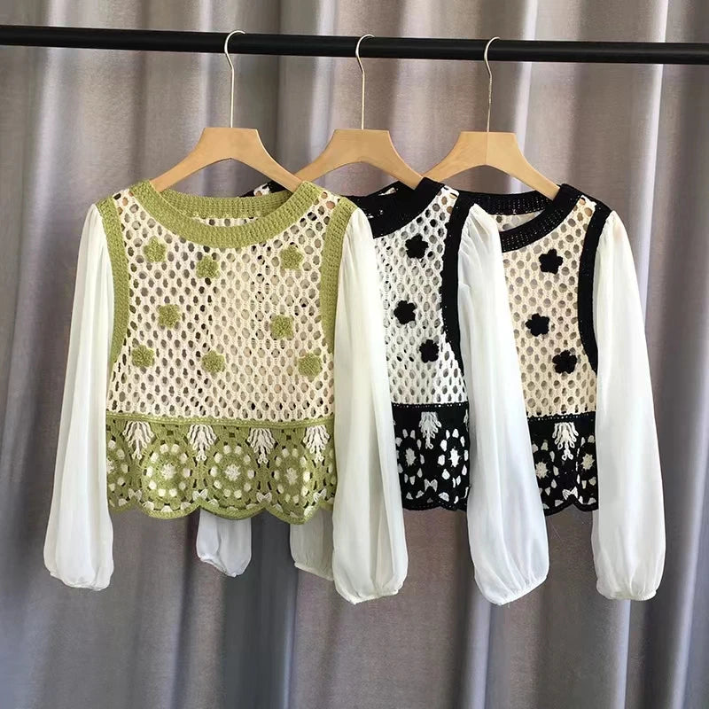Women's Pink Polka Dots Self Design Crochet Top