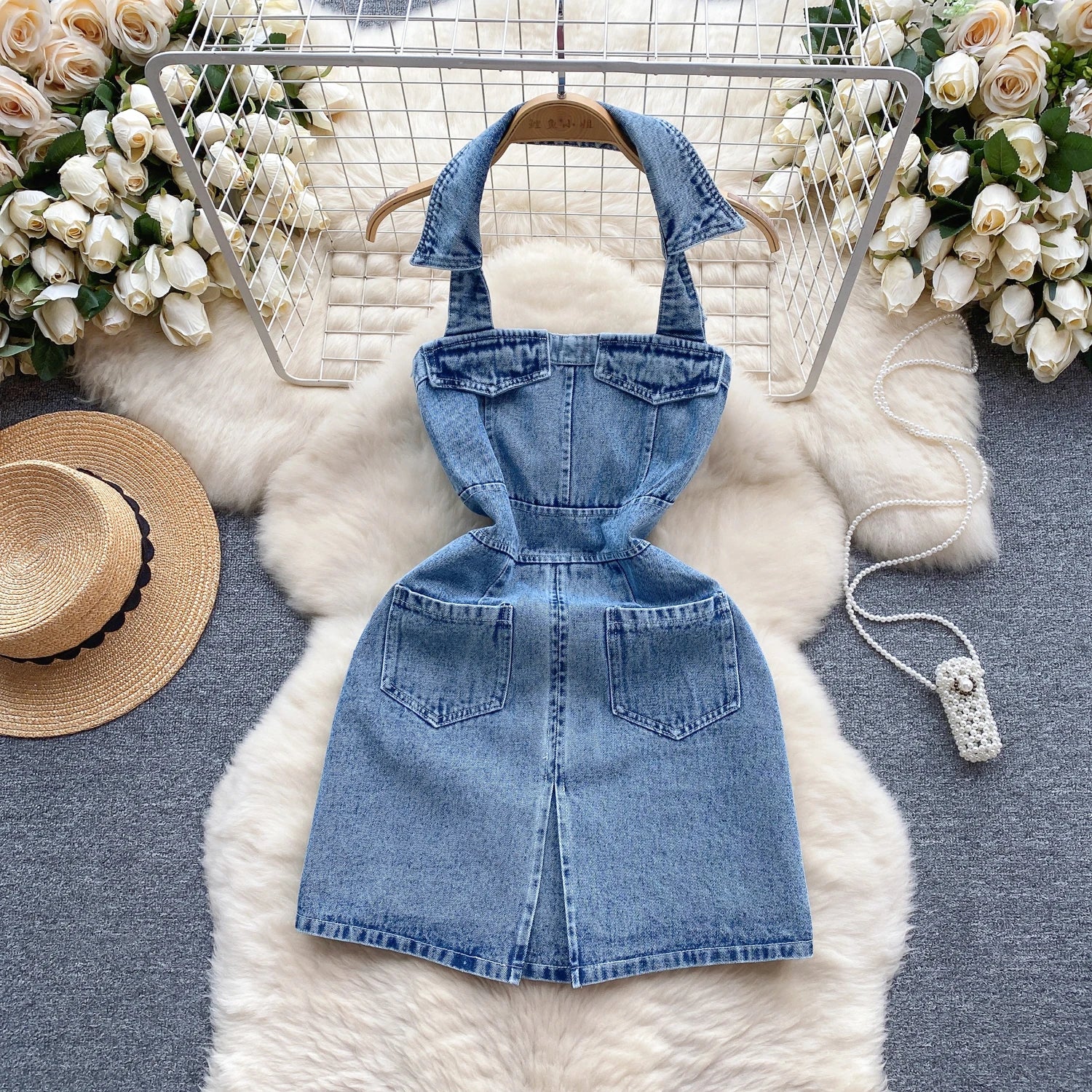 Denim Sleeveless Flared Mini Dress